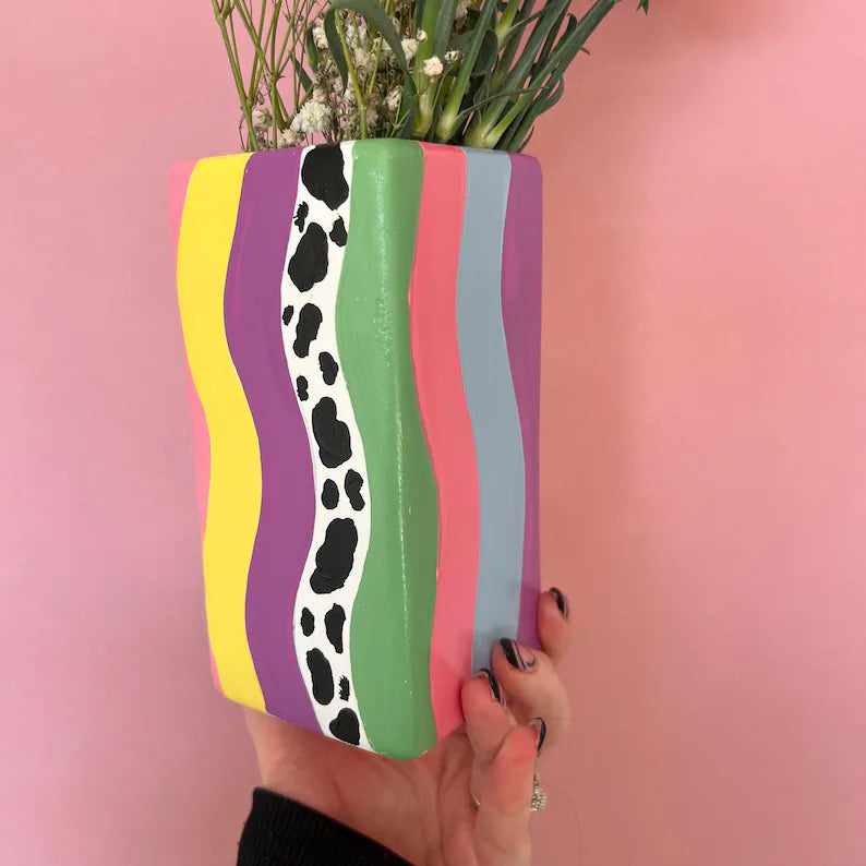 Eclectic Colourful Ceremic Vase Hand Painted Wavy Quirky Home Decor