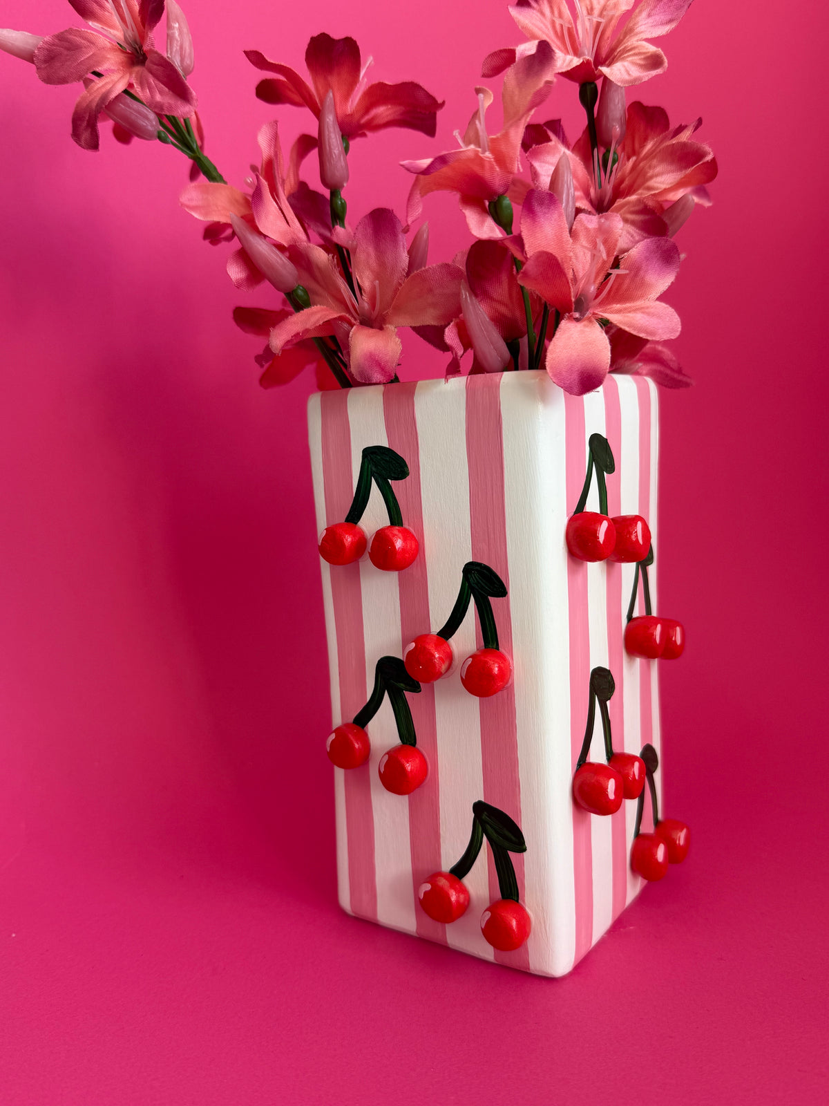 Cherry Pink Stripe Ceramic Vase