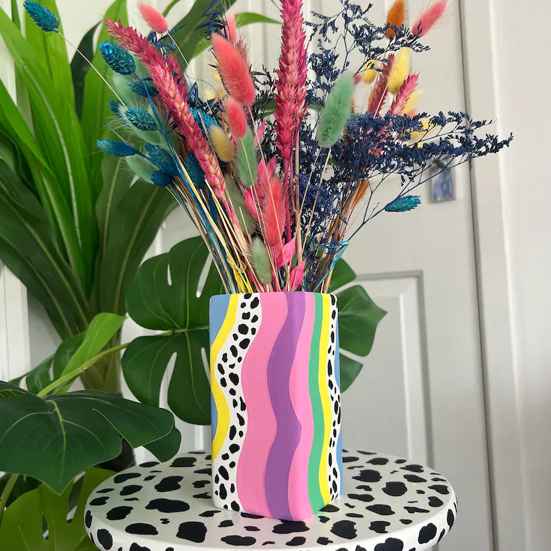 Eclectic Colourful Ceremic Vase Hand Painted Wavy Quirky Home Decor