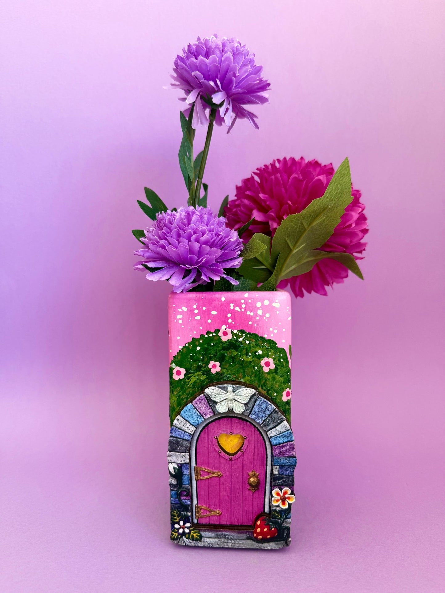 Pink Fairy Door Ceramic Vase Hand Painted