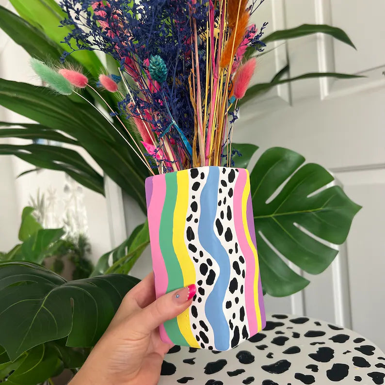 Eclectic Colourful Ceremic Vase Hand Painted Wavy Quirky Home Decor