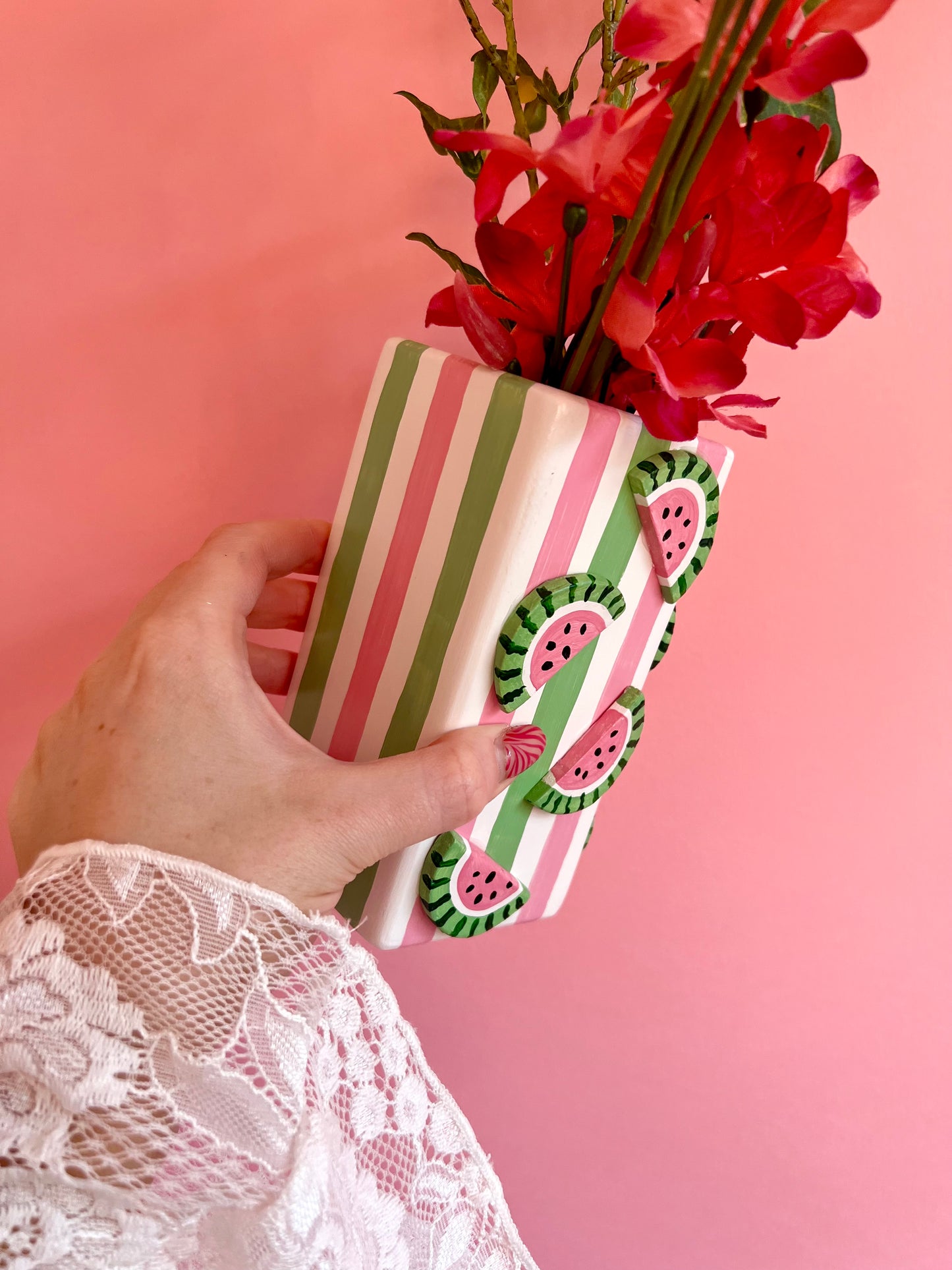 Watermelon Ceramic Vase Pink and Green