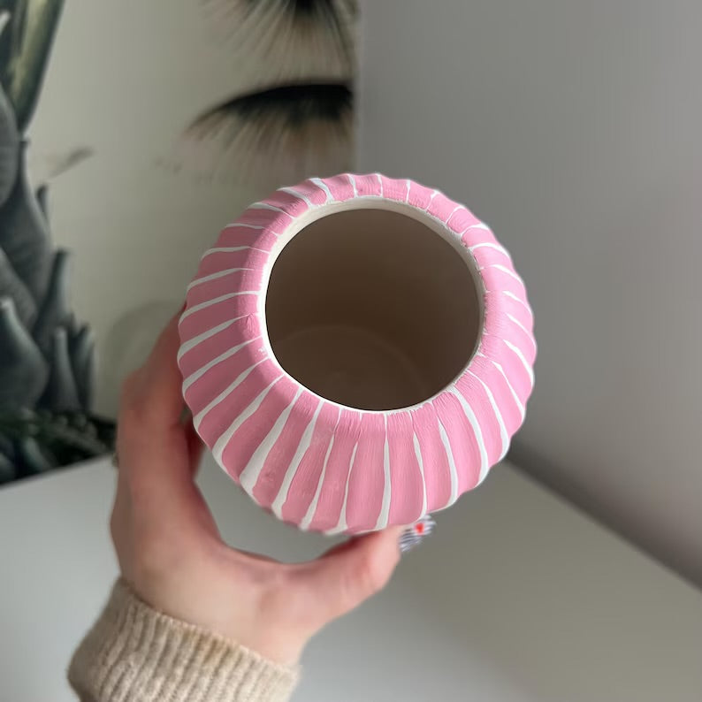 Strawberry Top Stripe Vase Ceramic Pink Quirky Colourful Home Decor
