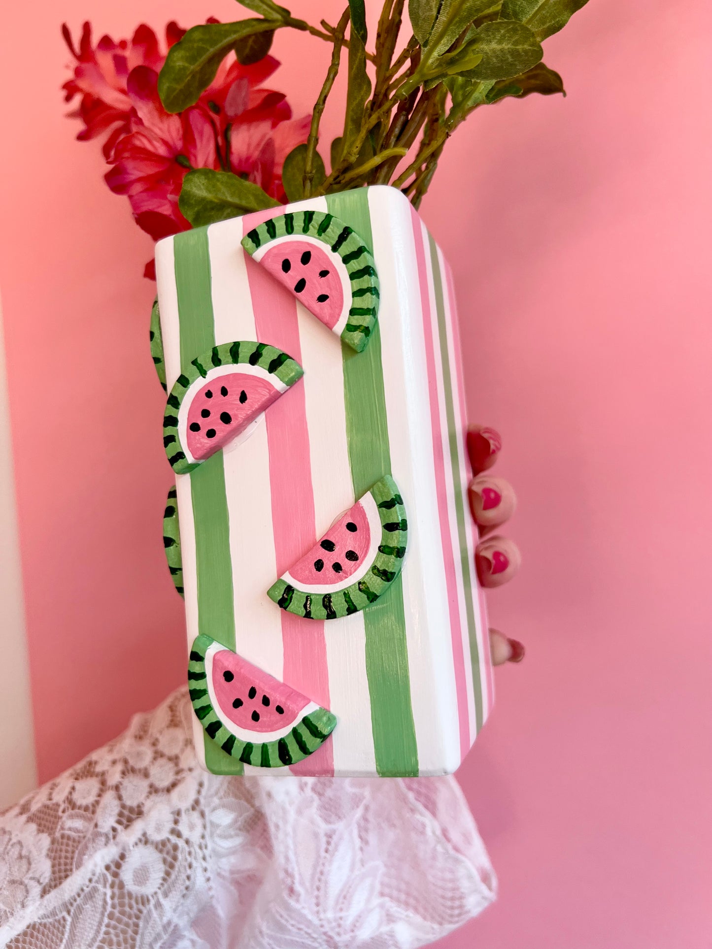 Watermelon Ceramic Vase Pink and Green
