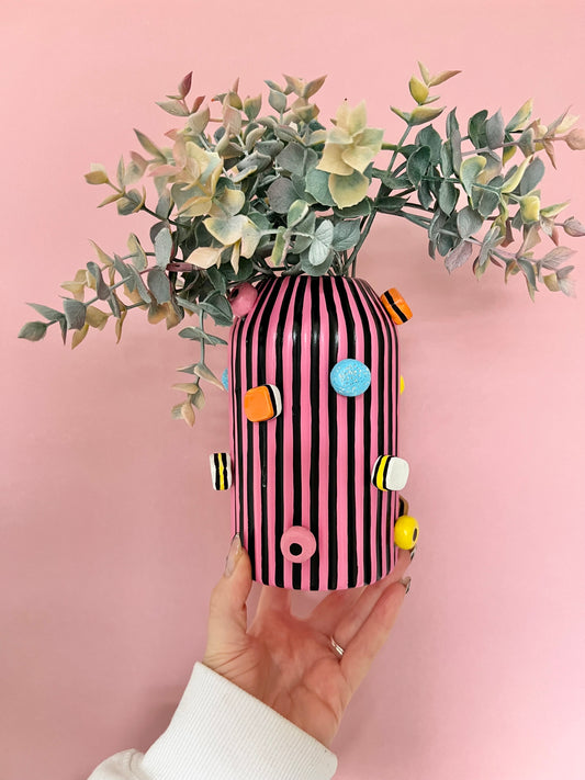 Retro Sweet Stripe Vase Ceramic Pink Black Quirky Colourful Home Decor