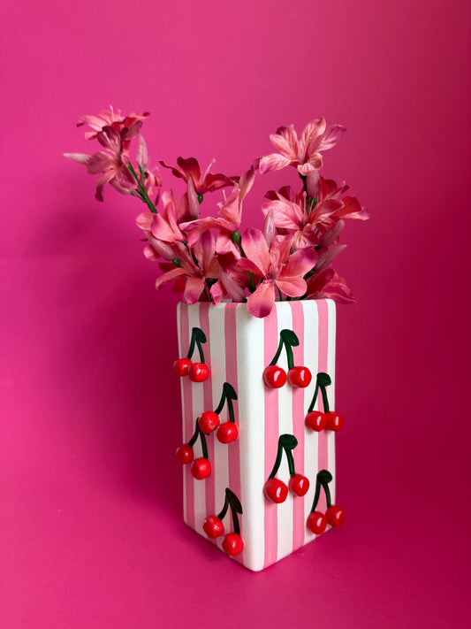 Cherry Pink Stripe Ceramic Vase