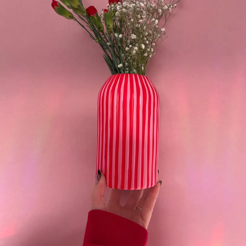 Stripe Vase Ceramic Pink & Red Quirky Colourful Home Decor
