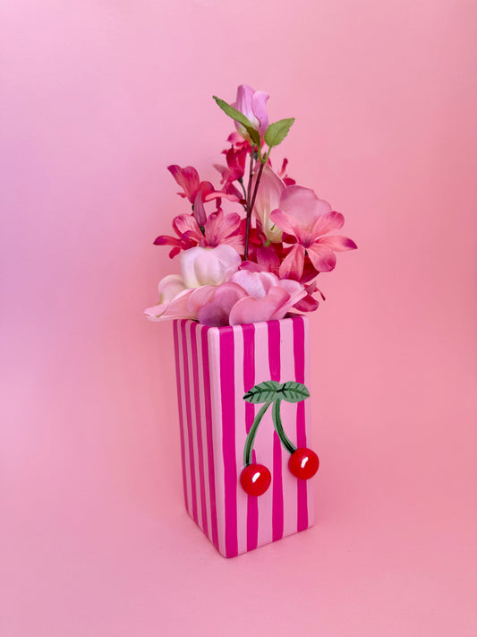 Pink Stripe Cherry Ceramic Vase Hand Painted