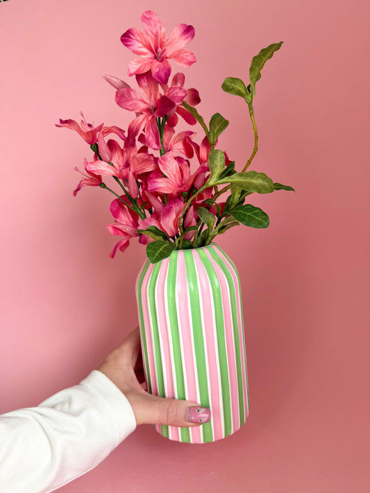 Pink & Green Stripe Ceramic Vase