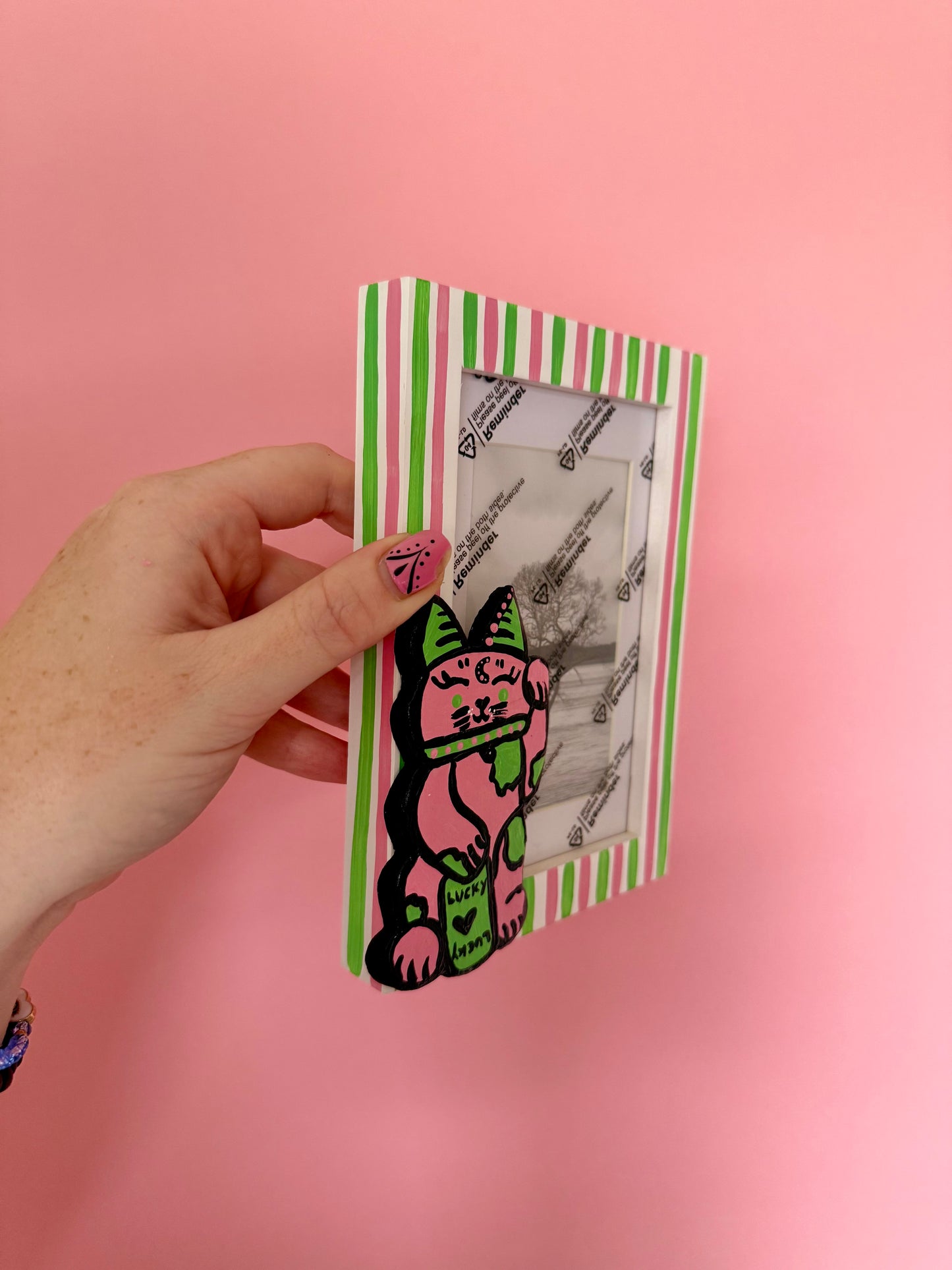 Lucky Cat Photo Frame Maneki Neko Pink & Green Stripe