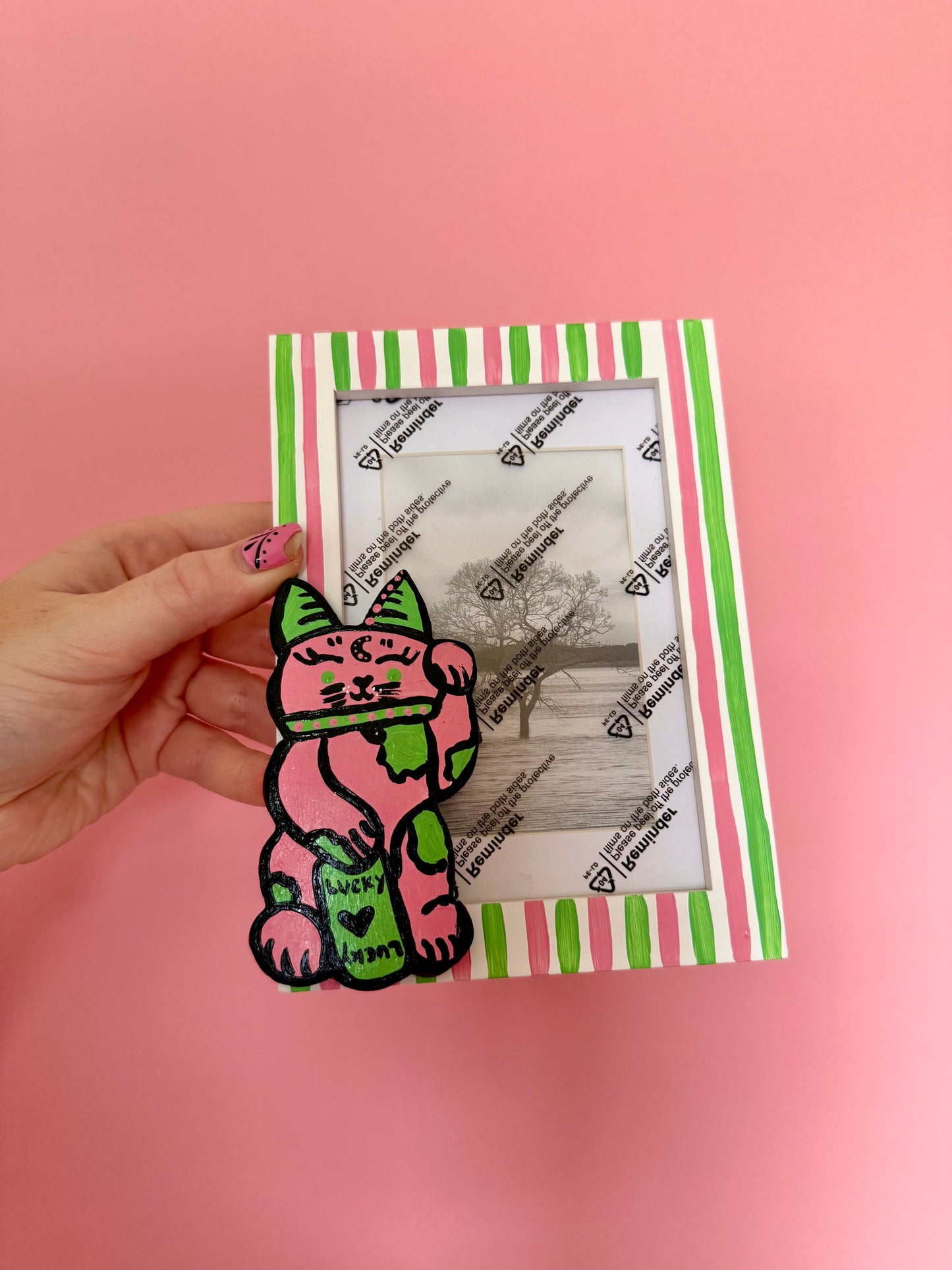 Lucky Cat Photo Frame Maneki Neko Pink & Green Stripe