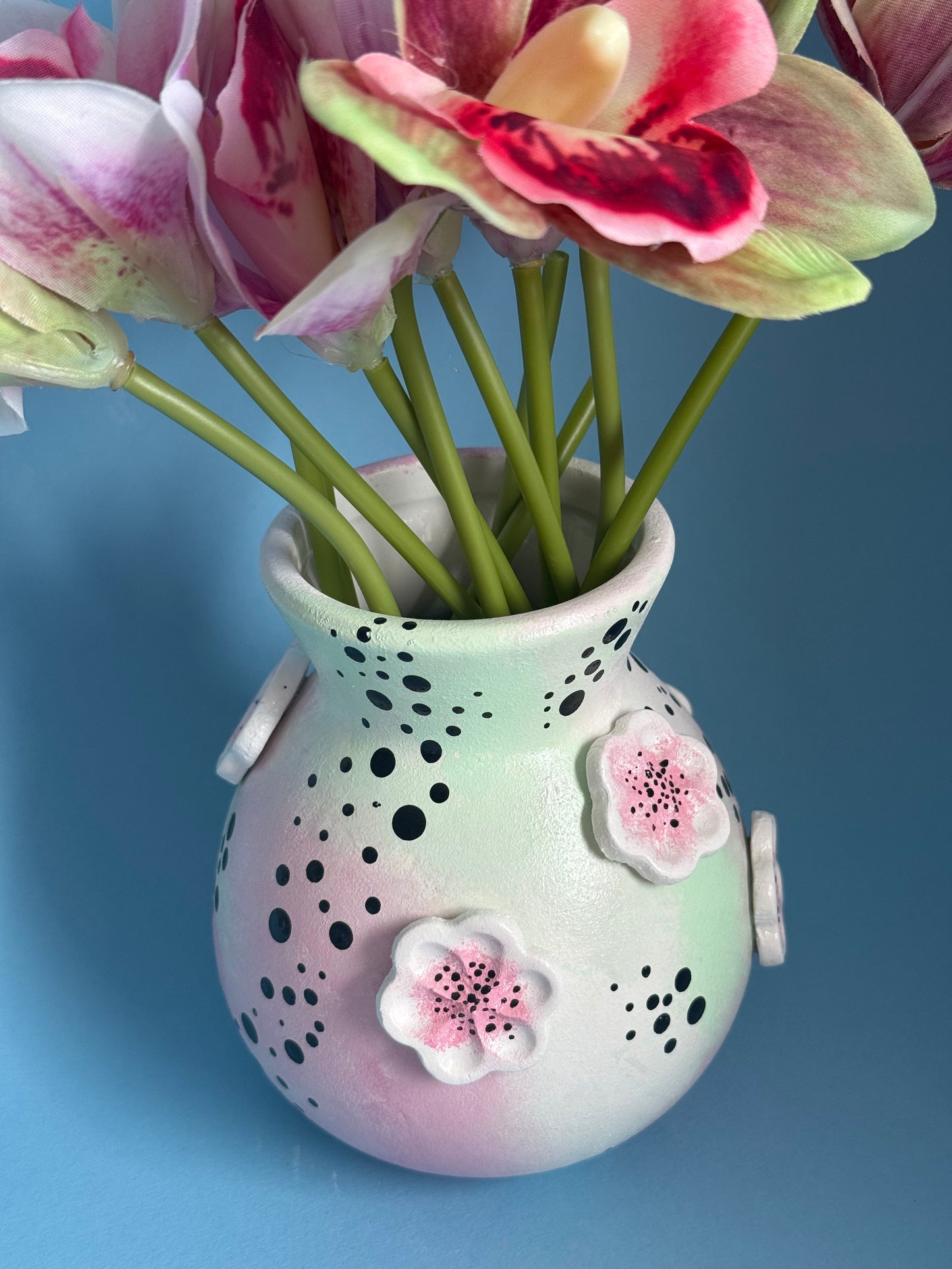 Pink & Green Floral Ceramic Vase