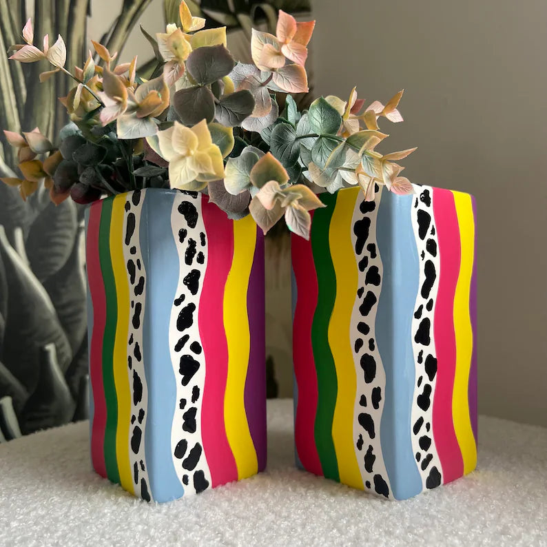 Eclectic Colourful Ceremic Vase Hand Painted Wavy Quirky Home Decor