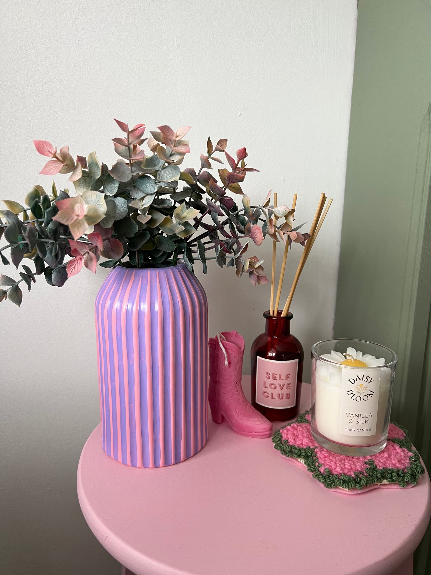 Stripe Vase Ceramic Lilac Pink Quirky Colourful Home Decor