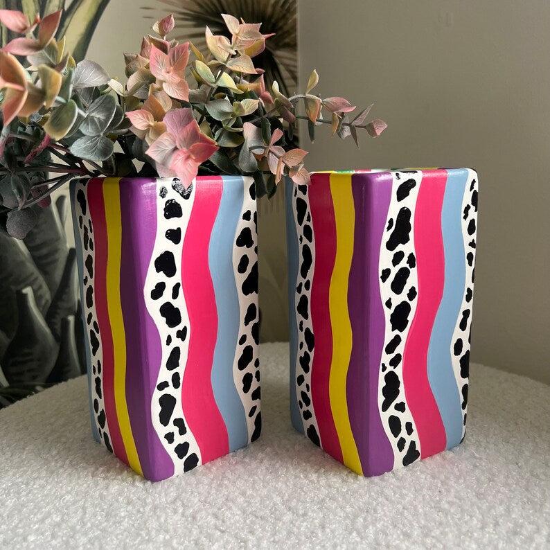 Eclectic Colourful Ceremic Vase Hand Painted Wavy Quirky Home Decor