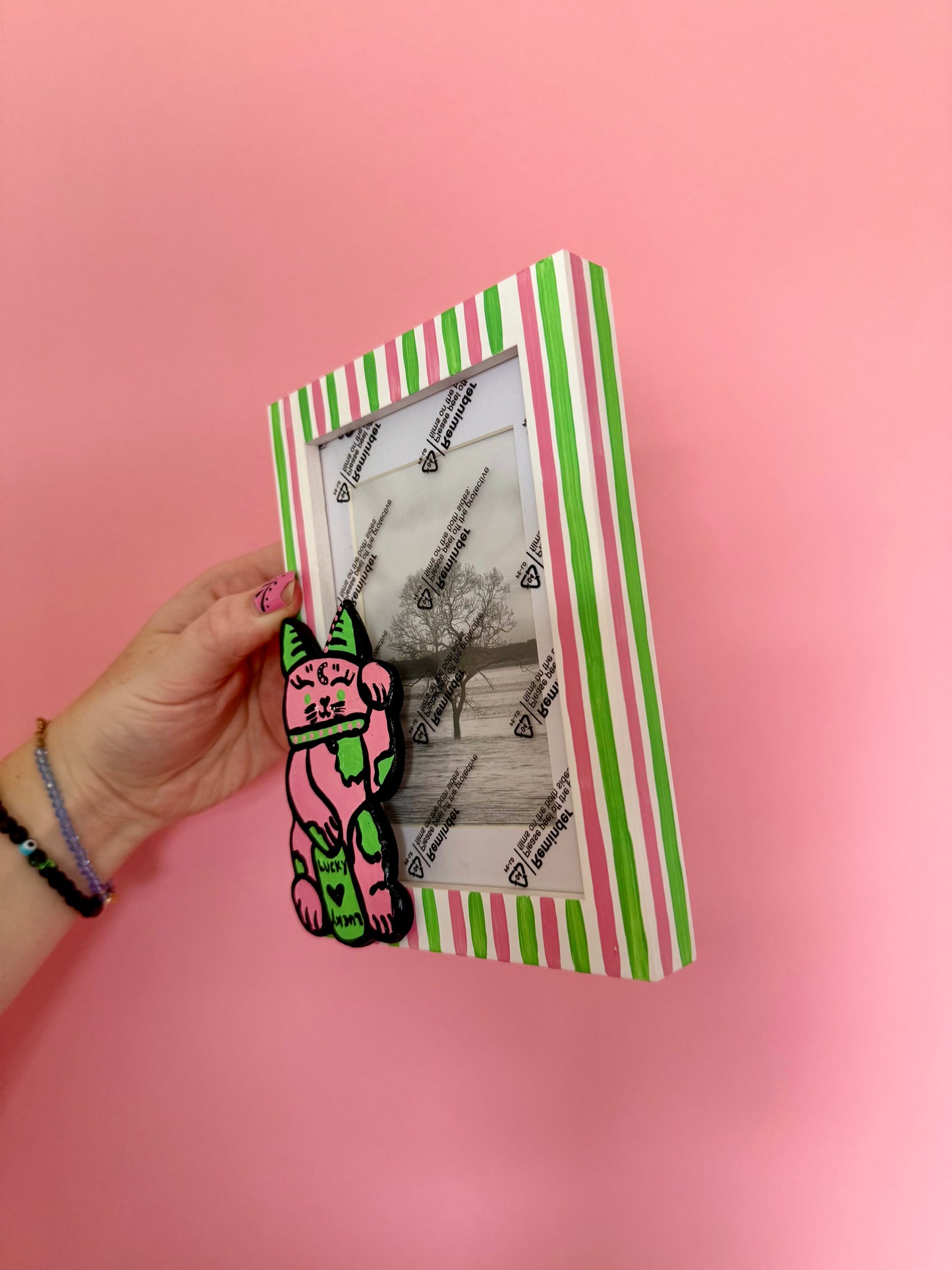Lucky Cat Photo Frame Maneki Neko Pink & Green Stripe