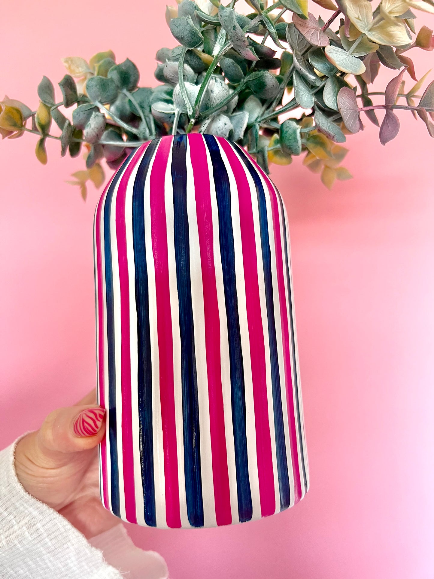 Navy Blue & Pink Stripe Vase