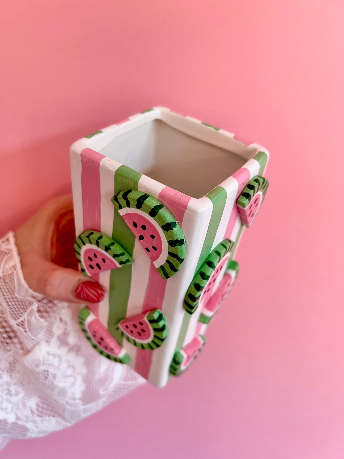 Watermelon Ceramic Vase Pink and Green