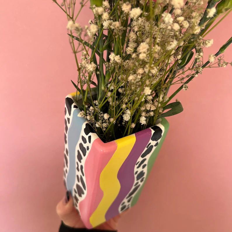Eclectic Colourful Ceremic Vase Hand Painted Wavy Quirky Home Decor