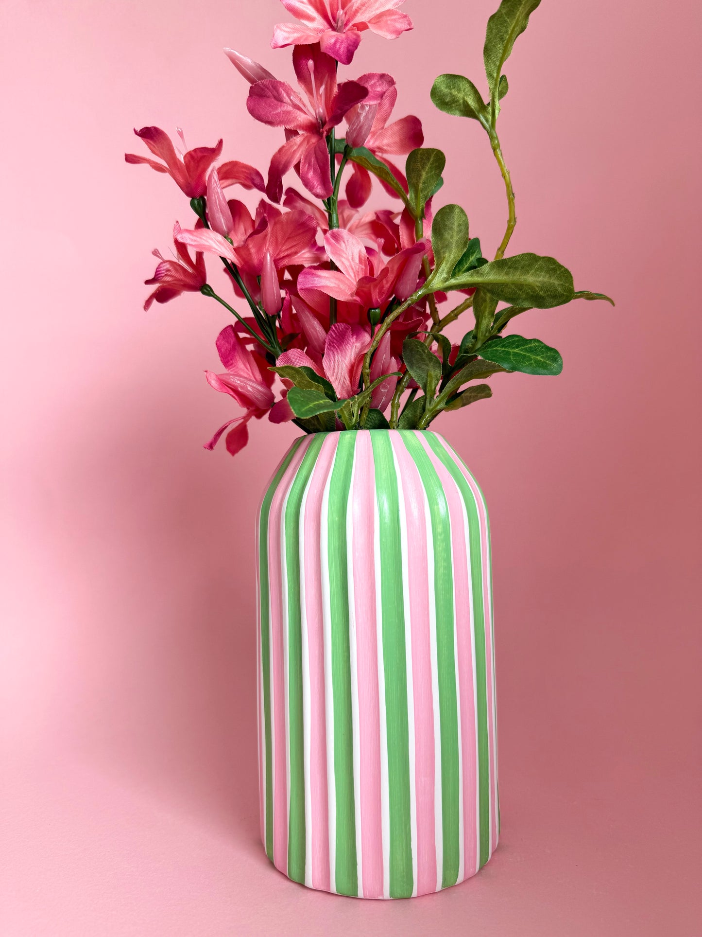 Pink & Green Stripe Ceramic Vase