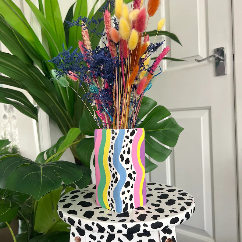 Eclectic Colourful Ceremic Vase Hand Painted Wavy Quirky Home Decor