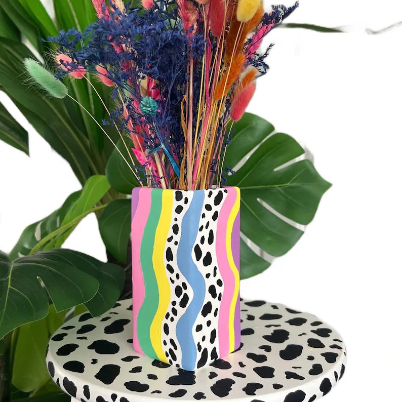 Eclectic Colourful Ceremic Vase Hand Painted Wavy Quirky Home Decor