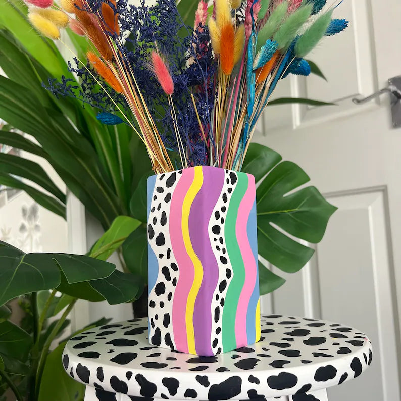 Eclectic Colourful Ceremic Vase Hand Painted Wavy Quirky Home Decor