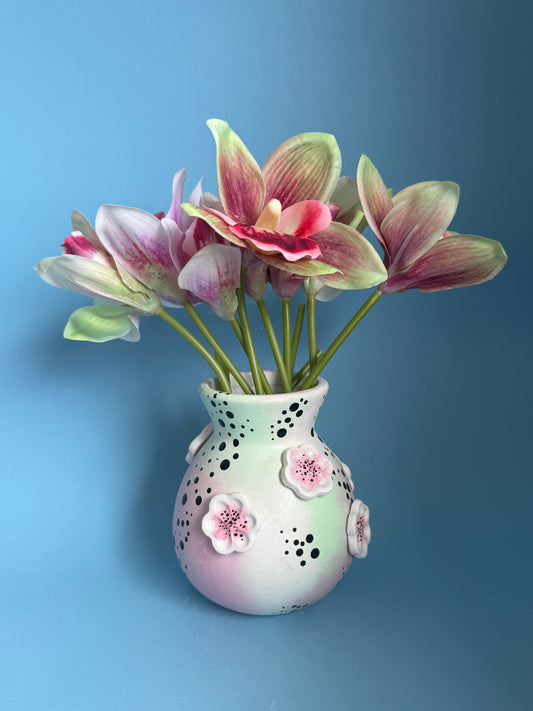 Pink & Green Floral Ceramic Vase