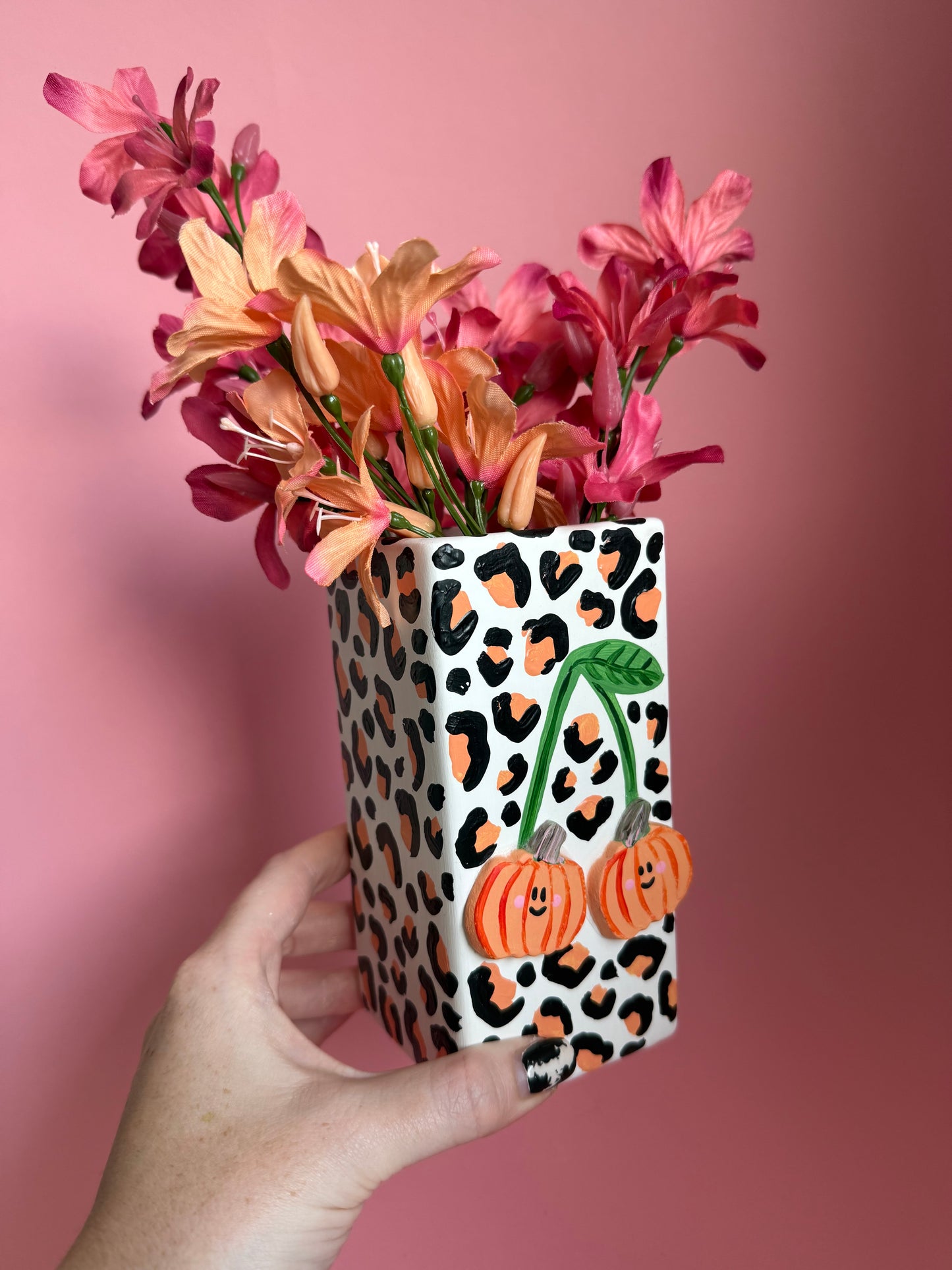 Pumpkin Cherry Leopard Print Ceramic Vase