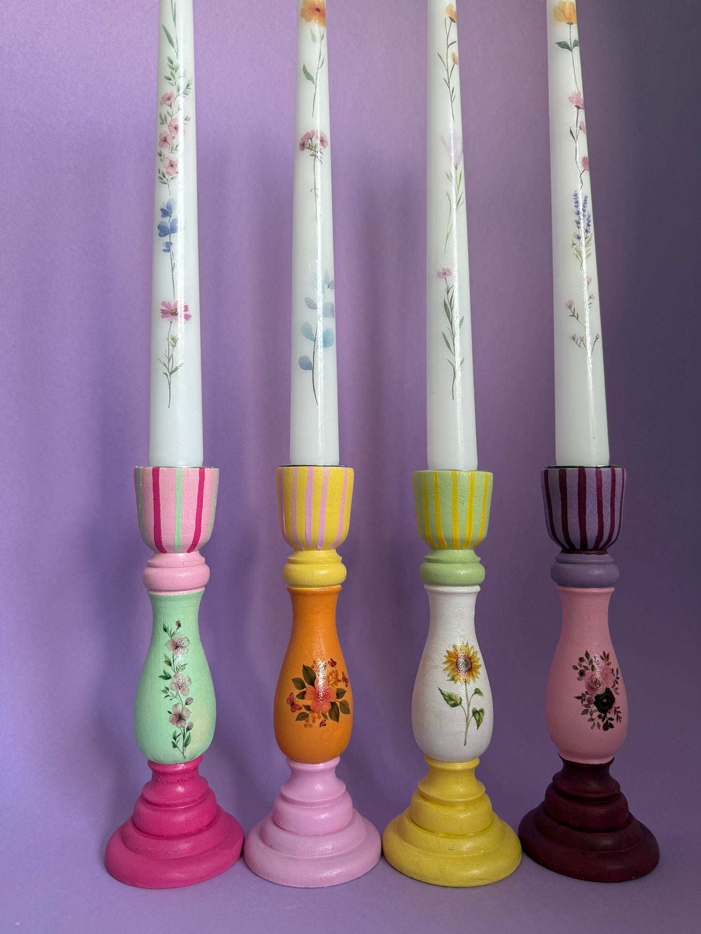Flower Candlestick + Holder Set Orange, Yellow, Pink