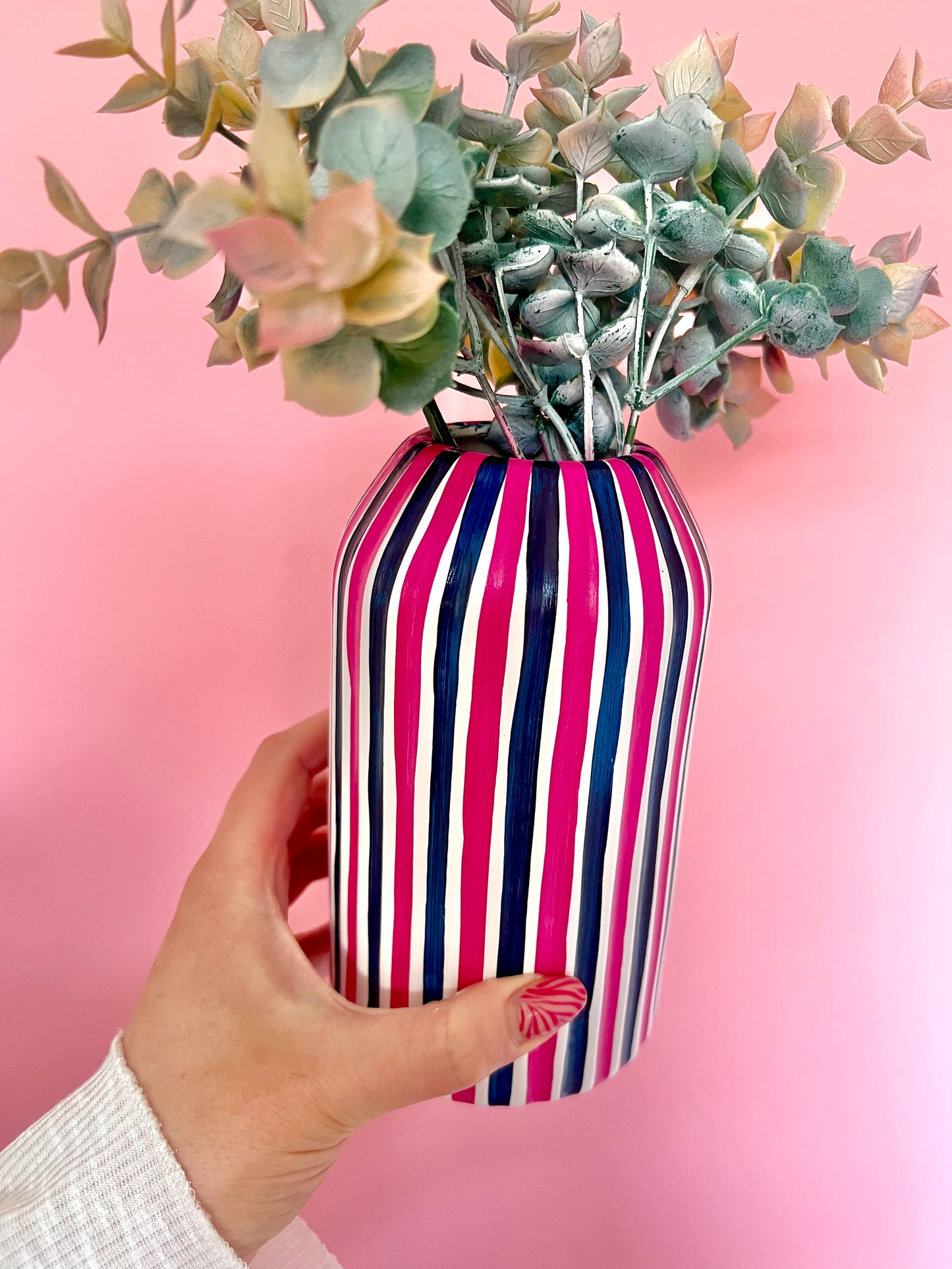 Navy Blue & Pink Stripe Vase