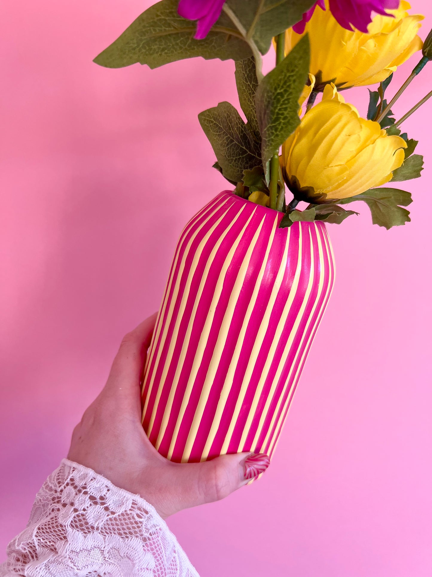 Rhubarb and Custard Stripe Ceramic Vase Yellow & Pink