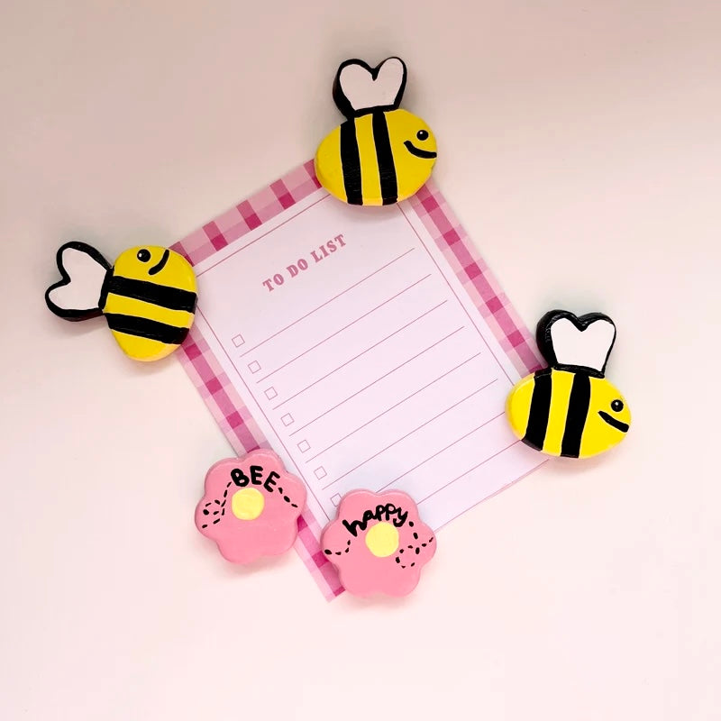 Bee Happy Magnets Set of 5 Fridge Magnets, Kitchen Decor, Locker Magnets Bee’s and Flowers