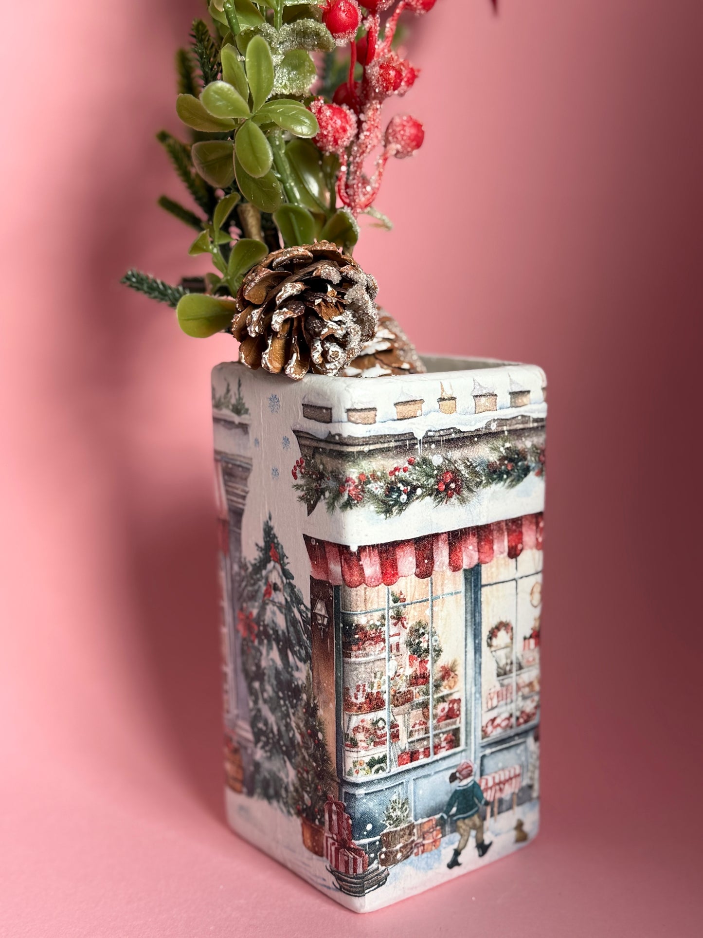 Christmas Village Decoupage Ceramic Vase