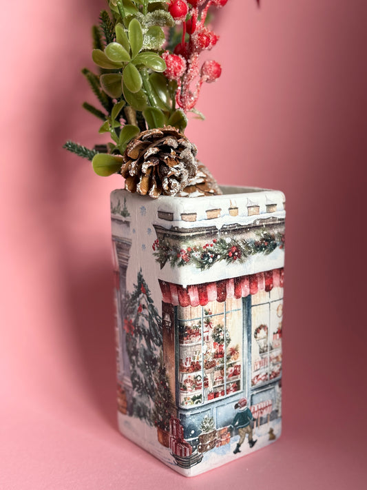 Christmas Village Decoupage Ceramic Vase