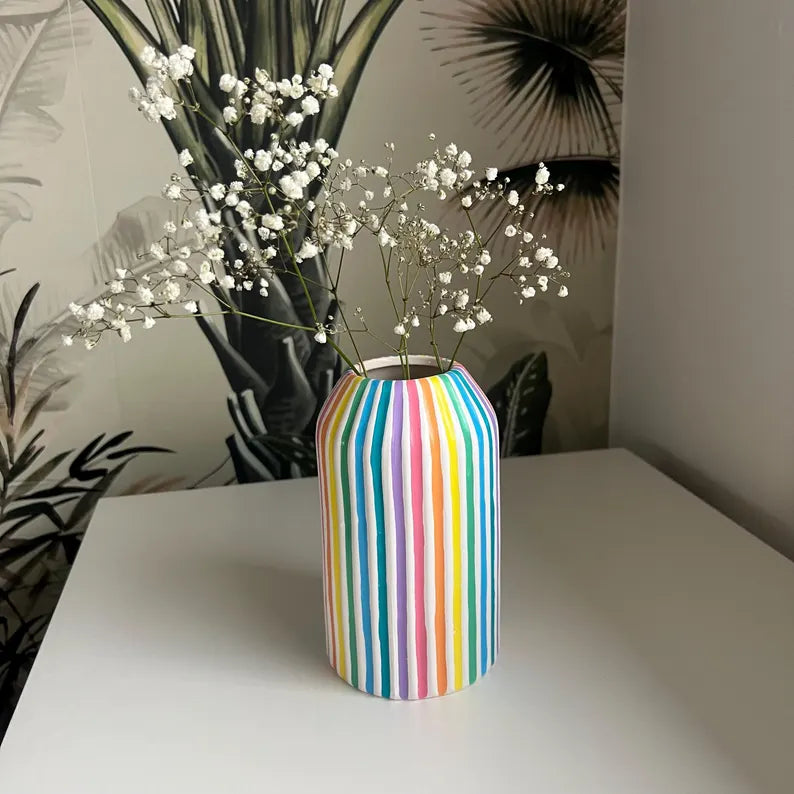 Colourful Stripe Vase Ceramic Rainbow Quirky Colourful Home Decor