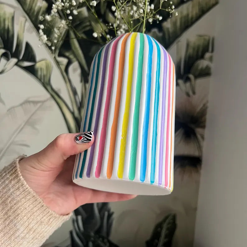 Colourful Stripe Vase Ceramic Rainbow Quirky Colourful Home Decor