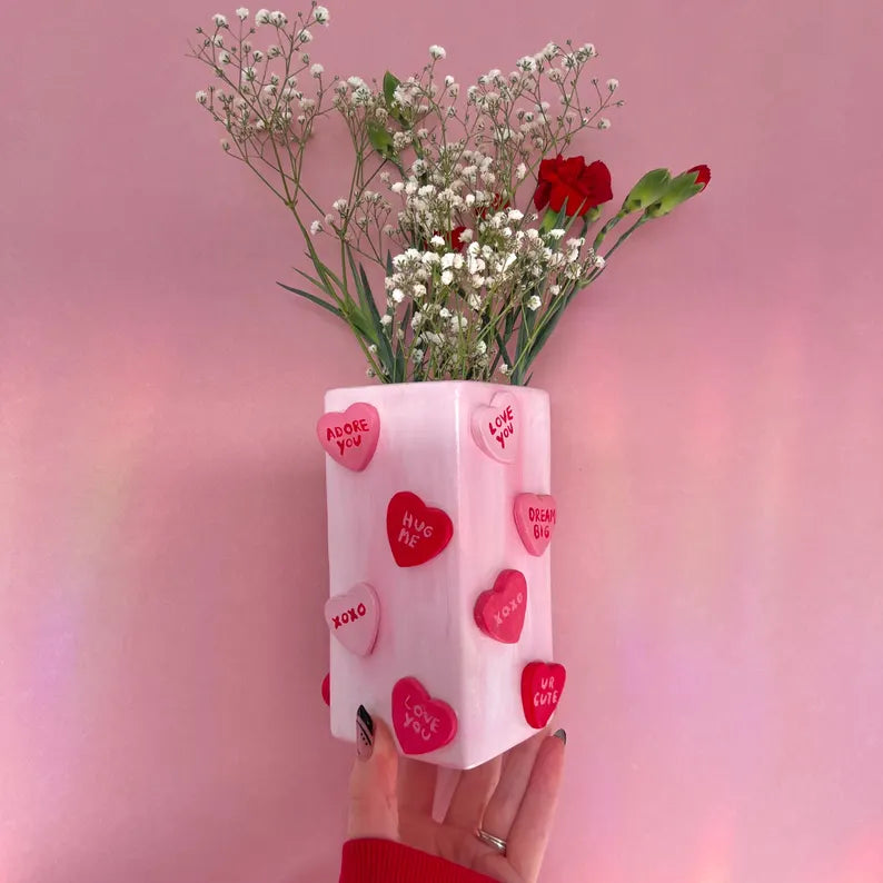 Candy Hearts Ceramic Vase Pastel Pink Best Friend Flowers Gift