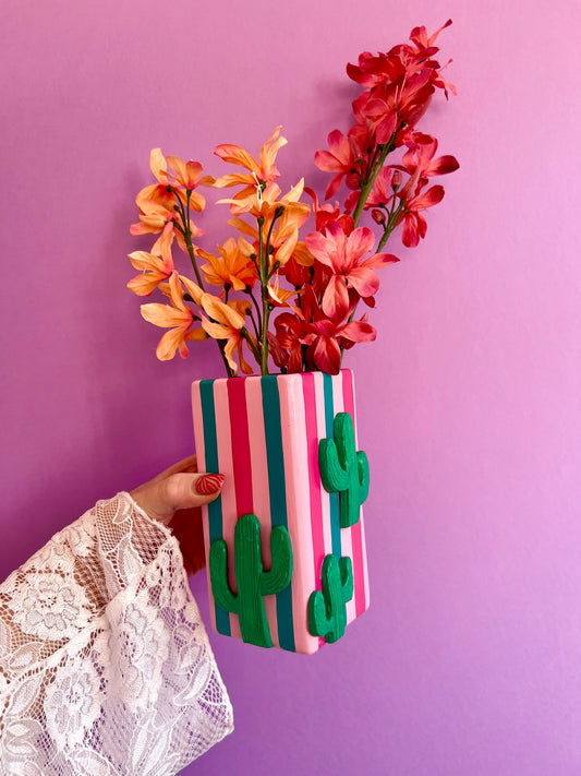 Cactus Stripe Ceramic Vase Pink & Green