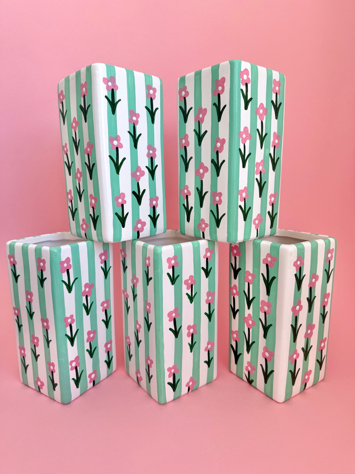Pink Ditsy Flower Mint Green Stripe Ceramic Vase