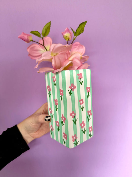 Pink Ditsy Flower Mint Green Stripe Ceramic Vase