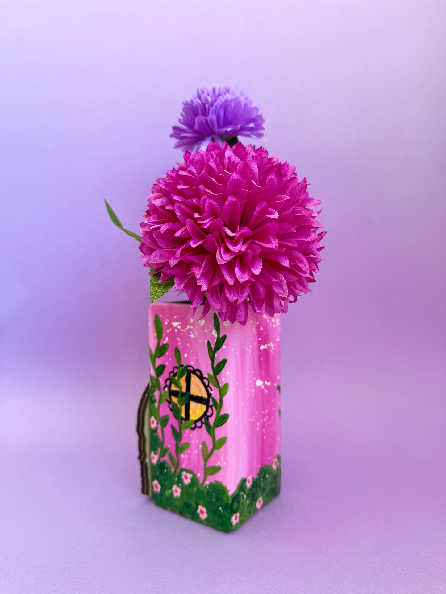 Pink Fairy Door Ceramic Vase Hand Painted