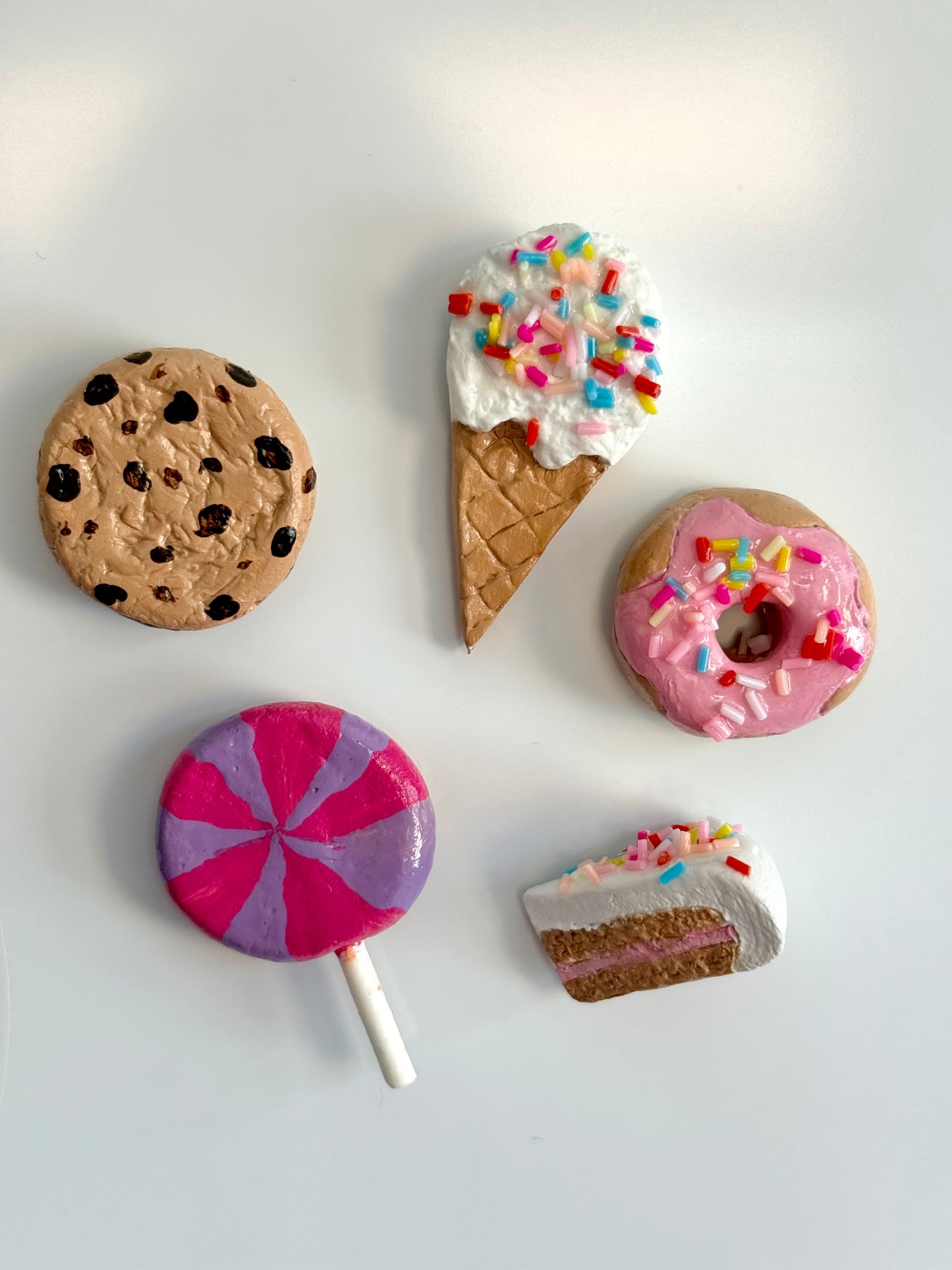 Sweet Treats Magnet Set of 5 Cookie, Cake, Ice Cream, Lolly, Donut Clay Magnets