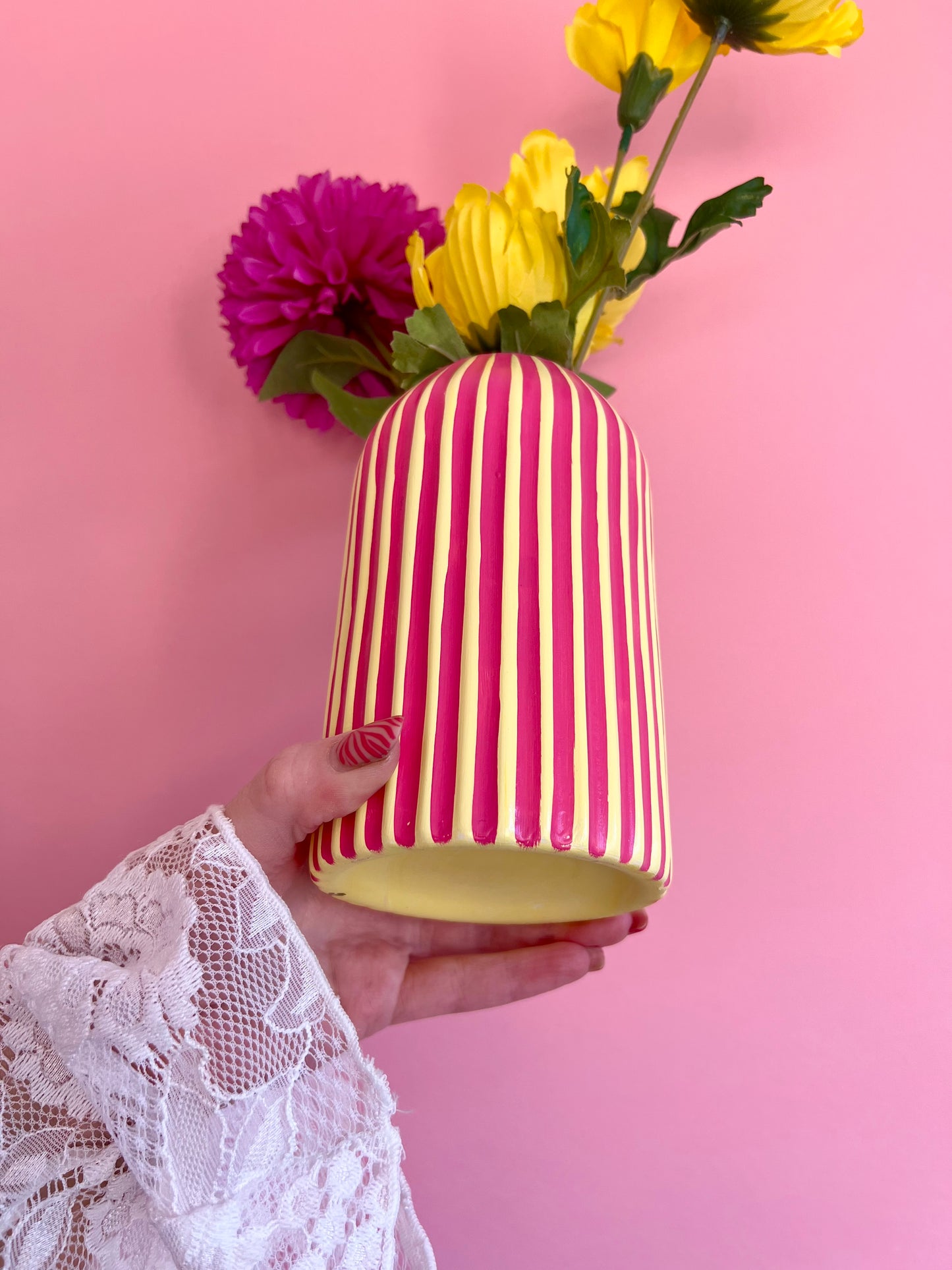 Rhubarb and Custard Stripe Ceramic Vase Yellow & Pink