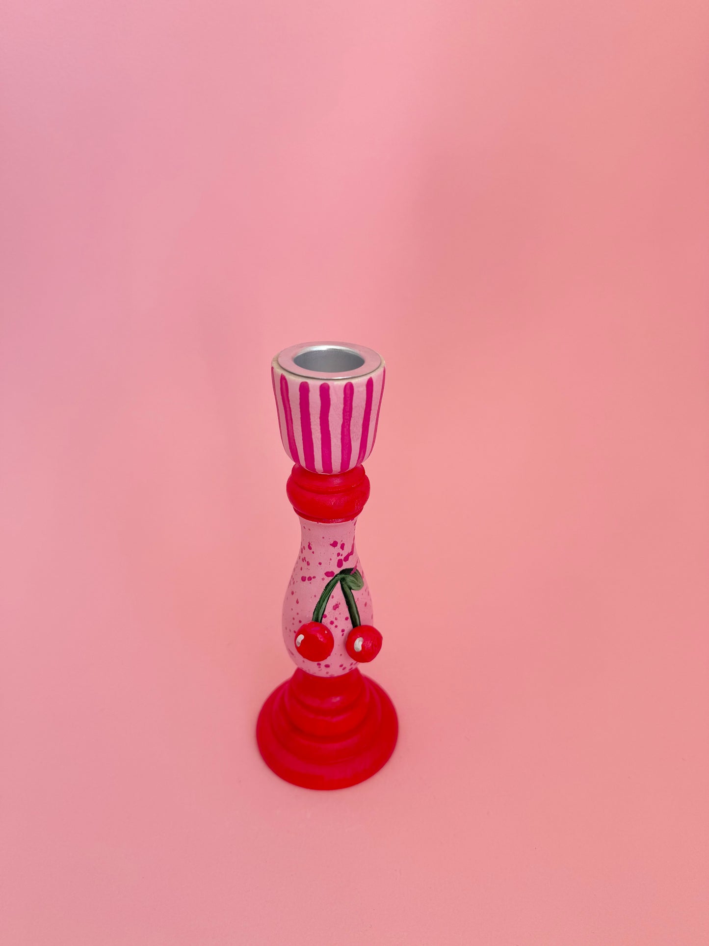 Cherry Candlestick Holder Pink & Red Hand Painted