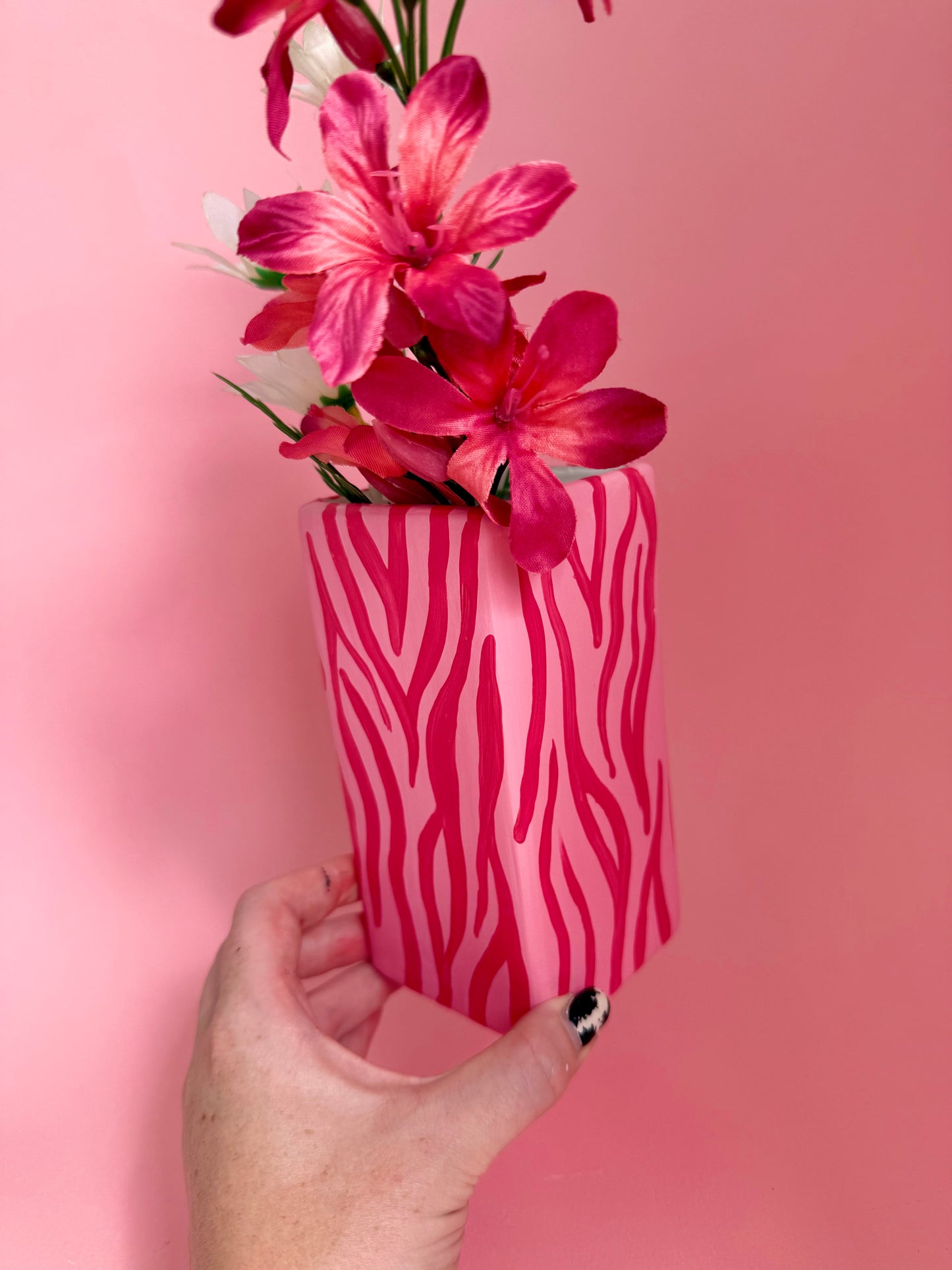 Pink Zebra Print Ceramic Vase Hand Painted