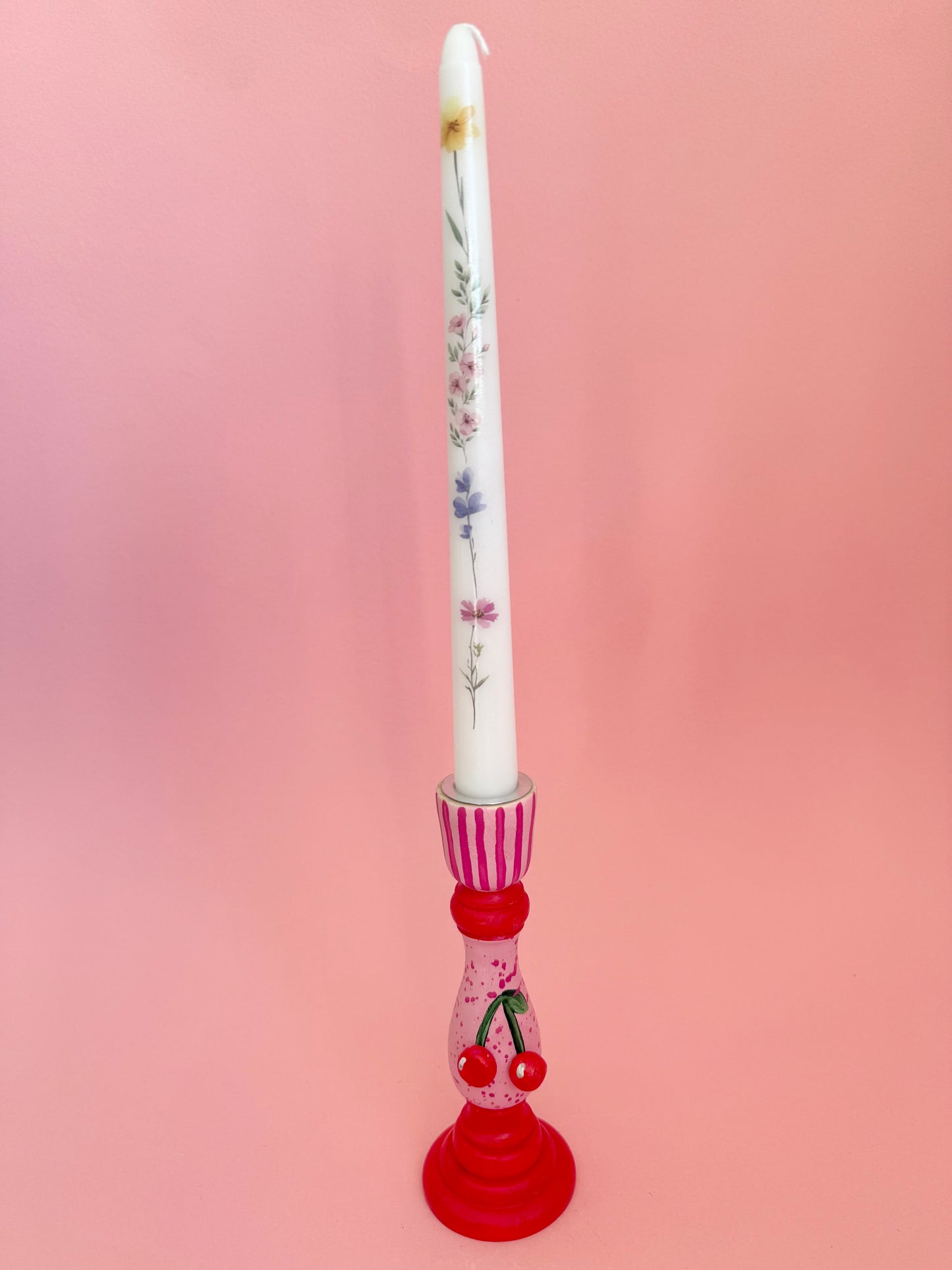Cherry Candlestick Holder Pink & Red Hand Painted