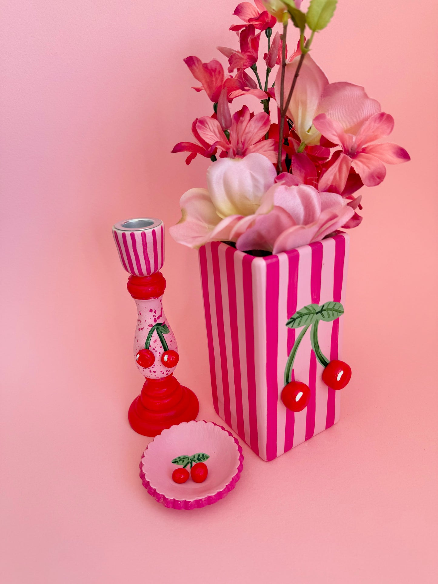Pink Stripe Cherry Ceramic Vase Hand Painted