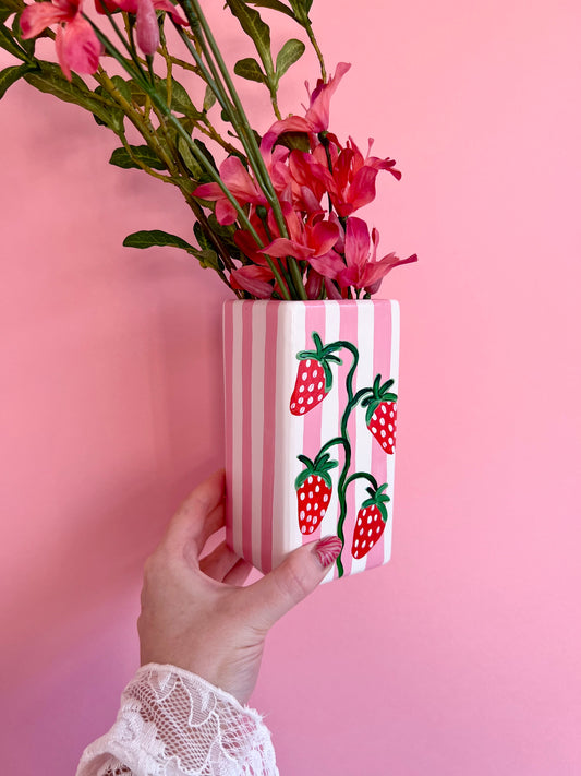 Pink Stripe Strawberry Ceramic Vase