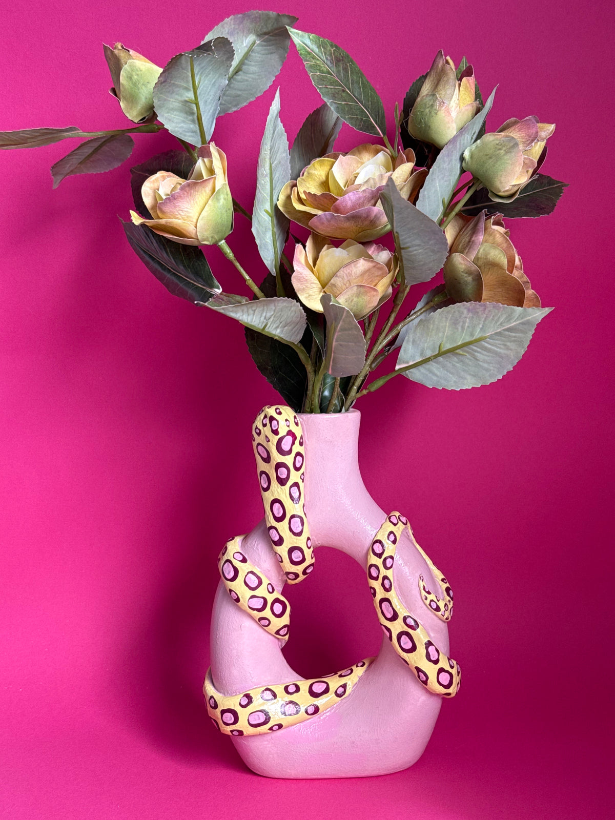 Handmade Snake Pink & Yellow Ceramic Vase